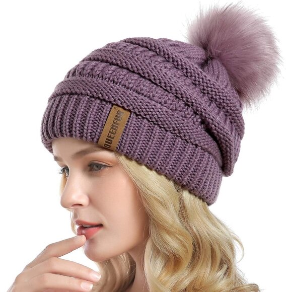 Women Purple Soft Acrylic Thick Baggy Knit Winter Faux Fur Pompom Beanie - Picture 2 of 6